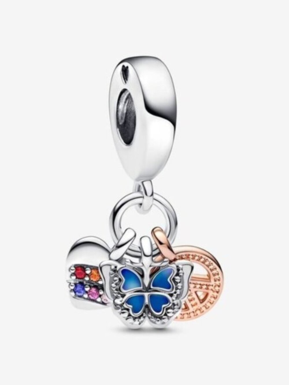 Pandora Two-Tone Rainbow Heart, Butterfly & Peace Triple Dangle Charm